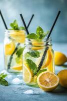 Refreshing mint lemonade in glass jars garnished with lemon slices and mint leaves on a blue background photo