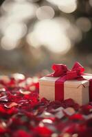 Beautifully wrapped gift box with red ribbon on red rose petals, creating a romantic atmosphere near blurred photo