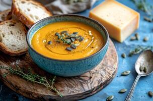 Delicious pumpkin soup served in a rustic bowl with bread and cheese on a wooden board beside fresh herbs and photo
