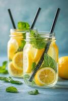 Refreshing mint lemonade in glass jars garnished with lemon slices and mint leaves on a blue background photo