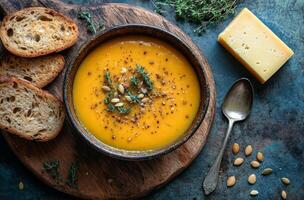 Delicious pumpkin soup served in a rustic bowl with bread and cheese on a wooden board beside fresh herbs and photo