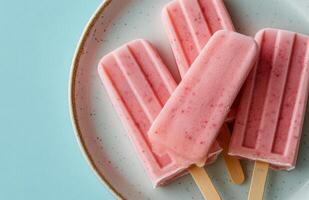Delicious homemade strawberry popsicles made with fresh ingredients and served on a plate with mint leaves photo