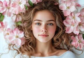 Young woman surrounded by pink flowers lying on a soft surface showcasing natural beauty and serene expression photo