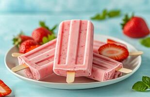 Delicious homemade strawberry popsicles made with fresh ingredients and served on a plate with mint leaves photo