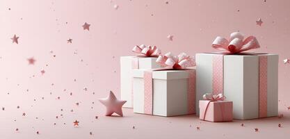 Colorful gifts wrapped in pink ribbons on a pastel pink background with scattered star decorations create a photo