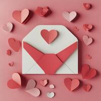 Colorful hearts surround a decorative envelope on a soft pink background for a romantic occasion or celebration photo