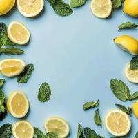 Fresh lemons and mint leaves arranged on a light blue background creating a vibrant and refreshing display ideal photo