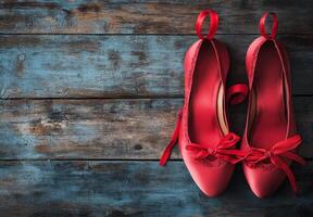 Bright red ballet shoes elegantly placed on a rustic wooden surface with ribbons arranged beautifully, photo