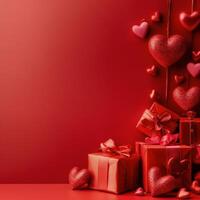 Valentine's day gifts and decorations arranged creatively on a vibrant red background with heart-shaped items photo