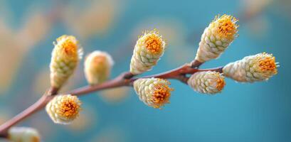 Blossoming catkins on a branch highlighting the arrival of spring in a serene outdoor setting with soft blue photo