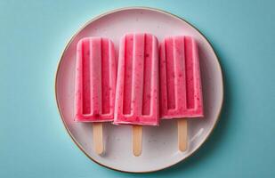 Delicious homemade strawberry popsicles made with fresh ingredients and served on a plate with mint leaves photo