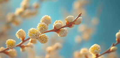 Blossoming catkins on a branch highlighting the arrival of spring in a serene outdoor setting with soft blue photo
