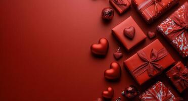 Festive red presents and hearts arranged on a vibrant red background for a joyful celebration or special photo