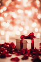 Beautifully wrapped gift box with red ribbon on red rose petals, creating a romantic atmosphere near blurred photo