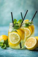 Refreshing mint lemonade in glass jars garnished with lemon slices and mint leaves on a blue background photo
