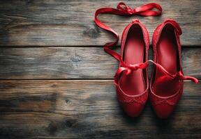 Bright red ballet shoes elegantly placed on a rustic wooden surface with ribbons arranged beautifully, photo