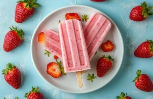 Delicious homemade strawberry popsicles made with fresh ingredients and served on a plate with mint leaves photo