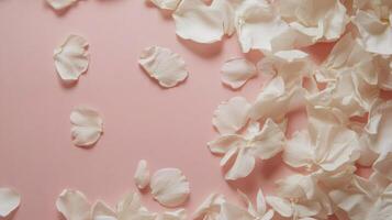 Delicate white petals scattered on a soft pink background, creating a serene and calming aesthetic ideal for photo