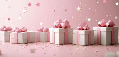 Colorful gifts wrapped in pink ribbons on a pastel pink background with scattered star decorations create a photo