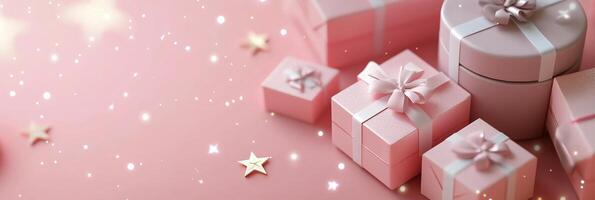 Beautiful pink gift boxes with flower decorations surrounded by stars and sparkles, creating a festive photo