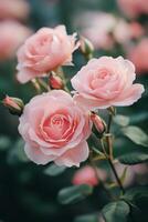 Beautiful pink roses blooming in a garden during spring, showcasing their vibrant colors and delicate petals photo