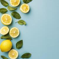 Fresh lemons and mint leaves arranged on a light blue background creating a vibrant and refreshing display ideal photo