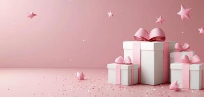 Colorful gifts wrapped in pink ribbons on a pastel pink background with scattered star decorations create a photo