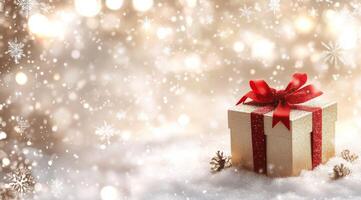 Winter gift box with red ribbon on snowy surface surrounded by sparkling lights creating a festive atmosphere photo