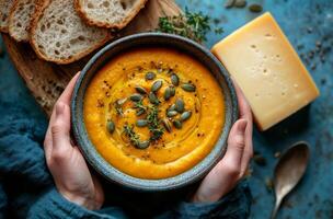 Delicious pumpkin soup served in a rustic bowl with bread and cheese on a wooden board beside fresh herbs and photo