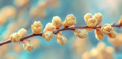 Blossoming catkins on a branch highlighting the arrival of spring in a serene outdoor setting with soft blue photo