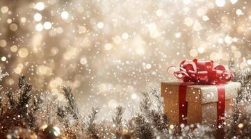 Winter gift box with red ribbon on snowy surface surrounded by sparkling lights creating a festive atmosphere photo