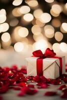 Beautifully wrapped gift box with red ribbon on red rose petals, creating a romantic atmosphere near blurred photo