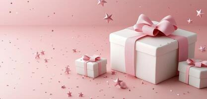 Colorful gifts wrapped in pink ribbons on a pastel pink background with scattered star decorations create a photo