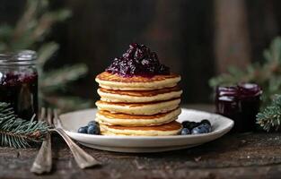 Fluffy pancakes stacked high with blueberry compote and fresh berries on a rustic wooden table photo