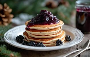 Fluffy pancakes stacked high with blueberry compote and fresh berries on a rustic wooden table photo
