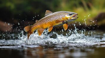 Brown trout leaps from water creating splashes in clear river during bright sunny day in nature setting with photo