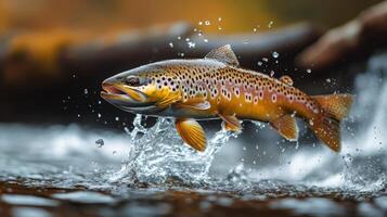 Brown trout leaps from water creating splashes in clear river during bright sunny day in nature setting with photo