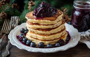 Fluffy pancakes stacked high with blueberry compote and fresh berries on a rustic wooden table photo