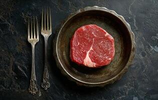 Freshly prepared beef cuts with rosemary and cherry tomatoes on a dark textured surface ready for cooking photo