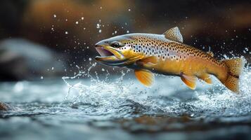 Brown trout leaps from water creating splashes in clear river during bright sunny day in nature setting with photo