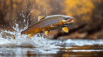 Brown trout leaps from water creating splashes in clear river during bright sunny day in nature setting with photo