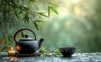 Relaxing tea preparation with a traditional teapot and candlelight in a serene bamboo setting at twilight photo