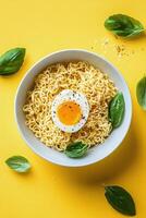 Delicious bowl of seasoned noodles with fresh basil and boiled eggs on a vibrant yellow background ready to photo