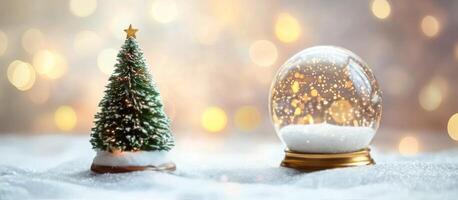 Christmas decorations featuring a small tree with lights and a snow globe filled with snowflakes and sparkles in photo