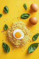 Delicious bowl of seasoned noodles with fresh basil and boiled eggs on a vibrant yellow background ready to photo