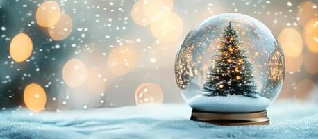 Christmas decorations featuring a small tree with lights and a snow globe filled with snowflakes and sparkles in photo
