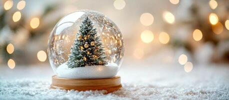 Christmas decorations featuring a small tree with lights and a snow globe filled with snowflakes and sparkles in photo