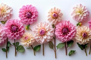 Beautiful bouquet of pink and white dahlias arranged in an artistic pattern on a light background showcasing photo