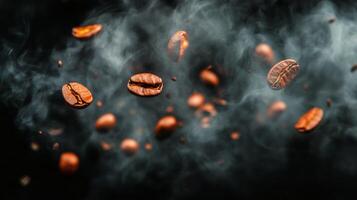 Dark roasted coffee beans suspended in the air with steam swirling around in a contrasting black background for photo