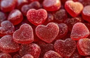 Red heart-shaped gummies arranged closely together, showcasing their textured surface and vibrant color, ideal photo